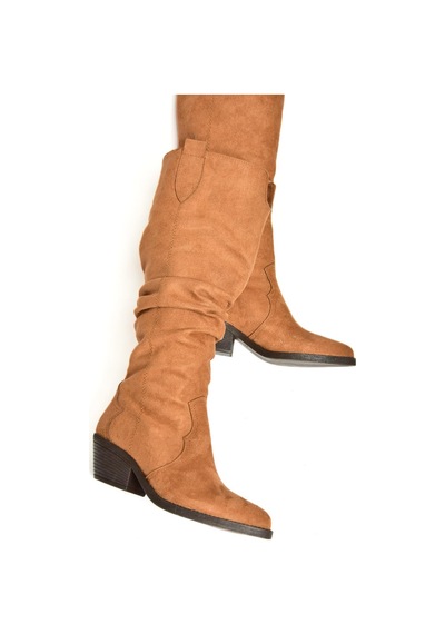 Fox Shoes T404401002 Taba Süet Büzgülü Kadın Çizme Taba-Süet
