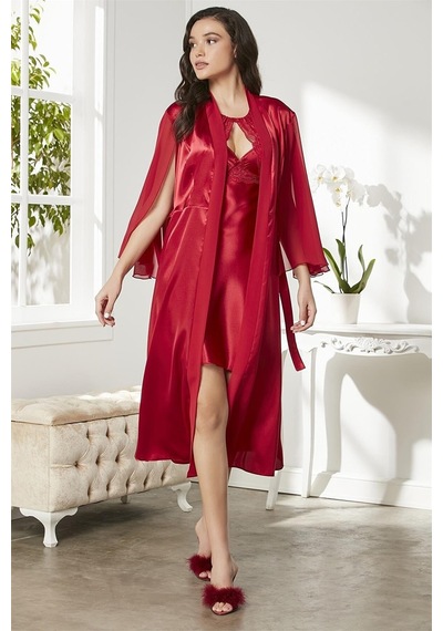 Pierre Cardin 4375 Kadın Saten Dantelli Gecelik Sabahlık Takım-kırmızı Kırmızı