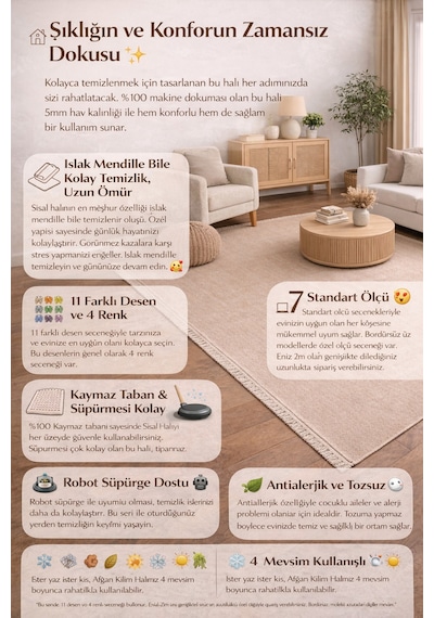 Okan Halı Sisal Serisi Kaymaz Tabanlı Mutfak Salon Halısı Leke Tutmaz Antialerjik Afgan Kilim Desen Çok Renkli
