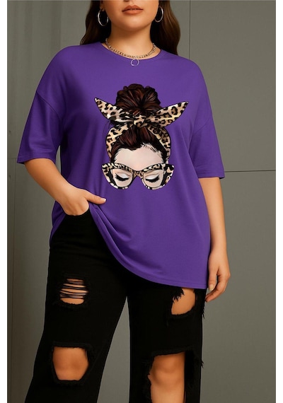 Ceny Kadın Büyük Beden Battal Baskılı Bisiklet Yaka Pamuklu T-shirt Rahat Kesim Unisex Sevgili Kombini Mor Ceny Kadın Büyük Beden Battal Baskılı Bisiklet Yaka Pamuklu T-shirt Rahat Kesim Unisex Sevgili Kombini Mor
