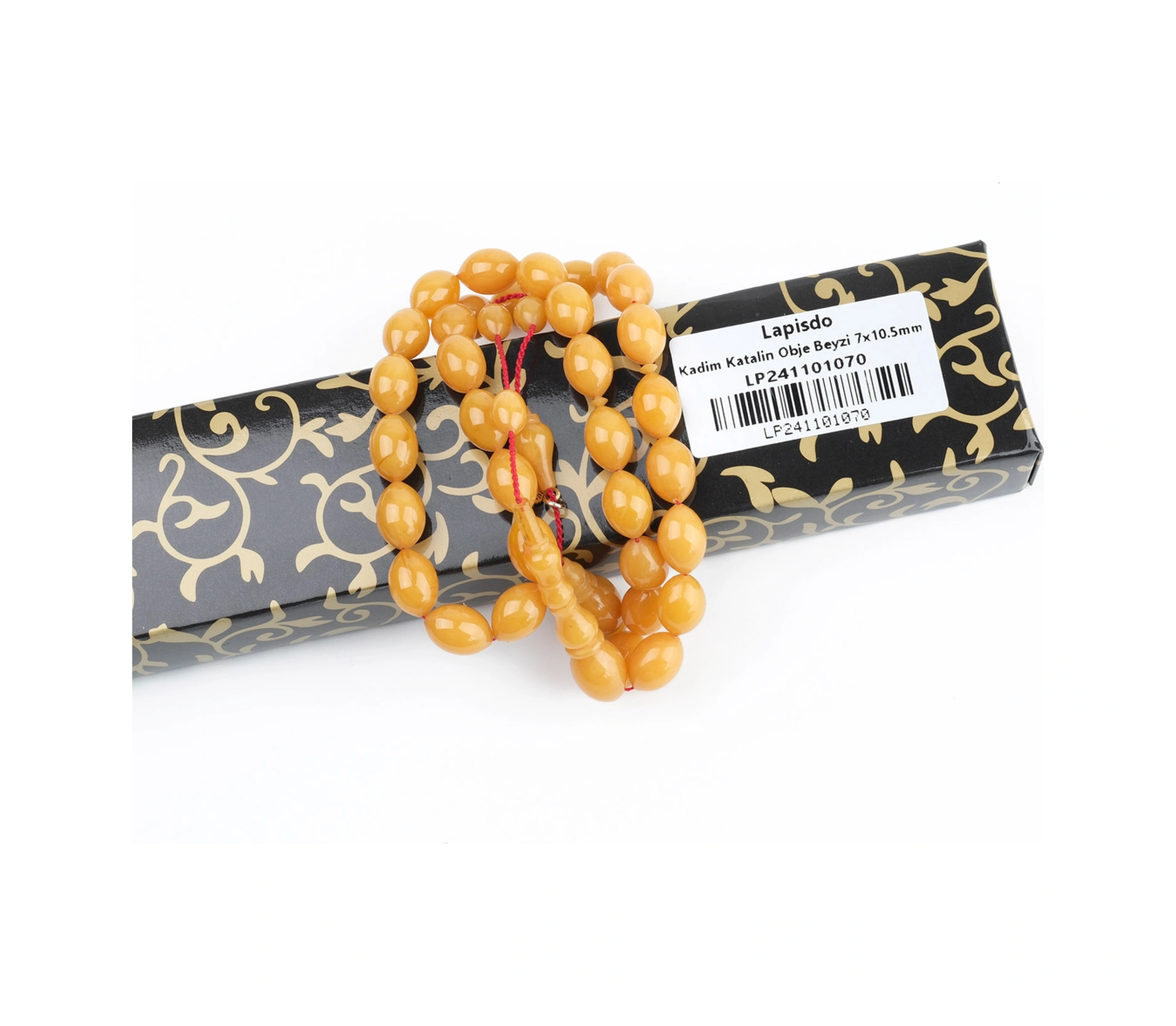 Kadim Katalin Eski Zil Kulpu Obje Usta İşi İmzalı Beyzi Kesim 7x10.5mm Tesbih -sarı Amber Sarı