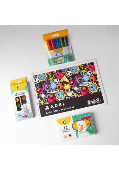 Adel 4'lü Boyama Seti + Resim Defteri 25x35, 12 Renk, Keçeli Kalem, Kuru,pastel Ve Sulu Boya, Fırça Dahil Genel