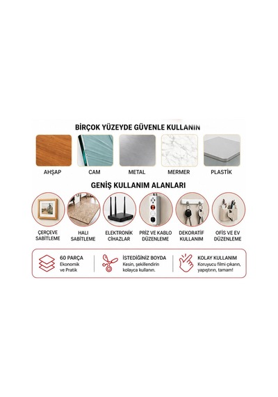 Çift Taraflı Bant 60 Parça Güçlü Yapışkanlı Kolay Açılır Montaj Bandı 18x50 Mm