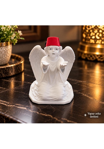 Melek Biblo Kanatlı Melek Figürü Beyaz Kırmızı Fes Dekoratif Masa Süsü 10x9 Cm