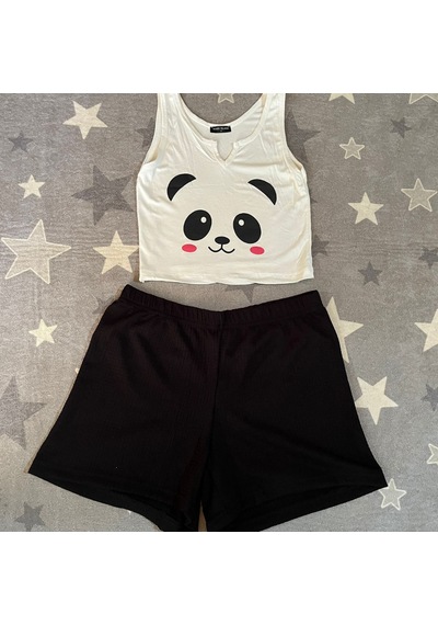 River Island River İsland Panda Desenli Ekstra Dar Kalıp Kadın Pijama Takımı Beyaz - Siyah
