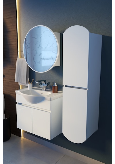 Makbulce Erciyes Havlu Dolaplı 65cm Seramik Lavabolu Mdf Oval Aynalı Banyo Dolabı Beyaz