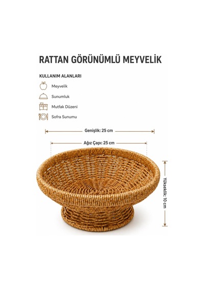 Rattan Örgü Ayaklı Meyvelik Ve Sunumluk 1 Adet 25 Cm Dekoratif Organizer