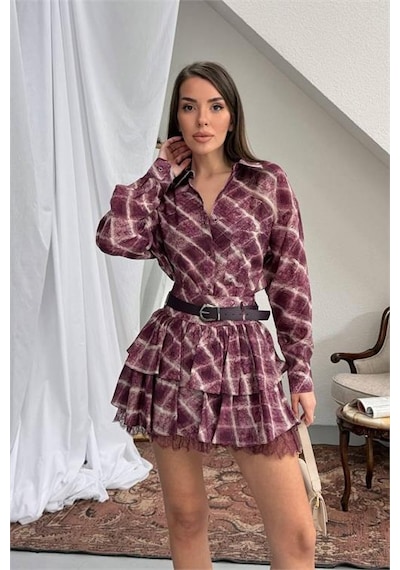 Neşeli Butik Kadın Bordo Gömlek Yaka Kat Kat Ekose Desen Mini Elbise Nbnp025 Bordo