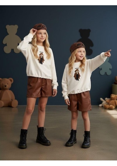 Kız Çocuk İki İplik Ayıcık Nakışlı Tasarım Sweatshirt-16467 Ekru Kahve