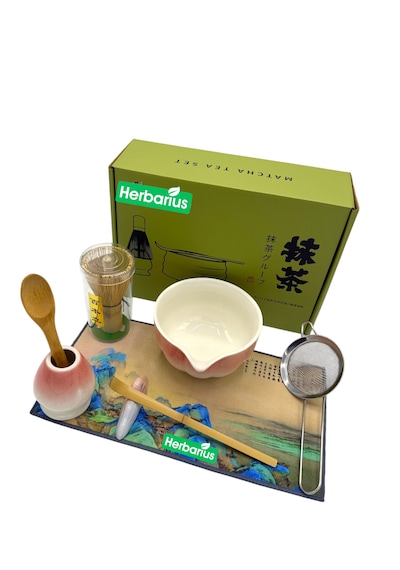 Herbarius 8 Parça Beyaz Geçişli Pudra Pembe Renk Matcha Çayı Hazırlama Seti - Geleneksel Japon Matcha Seti Pembe - Beyaz