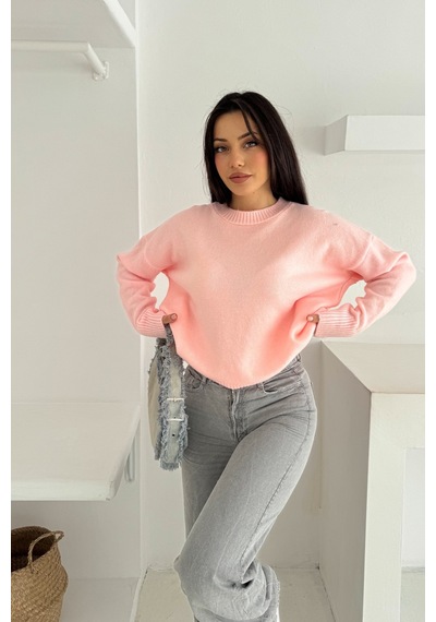 Femelle Kadın Pembe Standart Beden Oversize Basic Triko Kazak - 357bnd