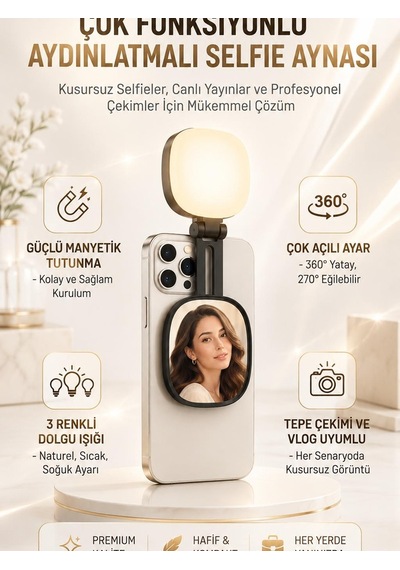 Magsafe Uyumlu Aynalı Selfie Işığı 3 Renk Modlu, Ayarlanabilir Parlaklık, Katlanabilir & Taşınabilir Telefon Işığı