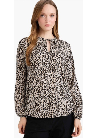 Defacto Regular Fit Bisiklet Yaka Leopar Desenli Uzun Kollu Bluz N1809az26sper103 Ekru-er103