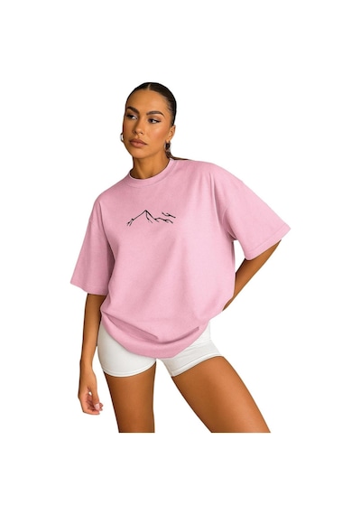Dağ Baskılı Kadın Oversize Unisex Tişört Pembe