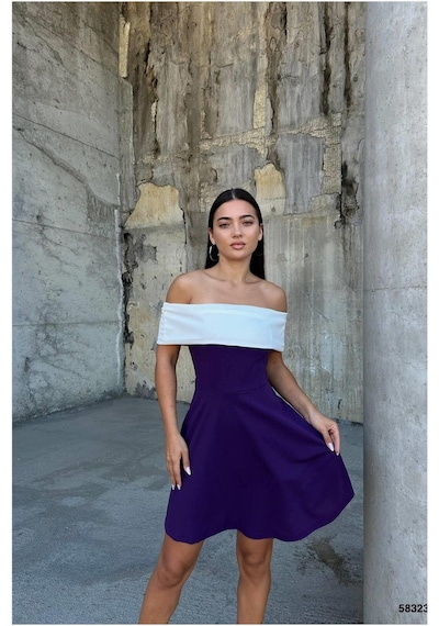 DefyModa Kadın Esnek Krep Kumaş Degaje Yaka Mini Abiye Elbise Mor