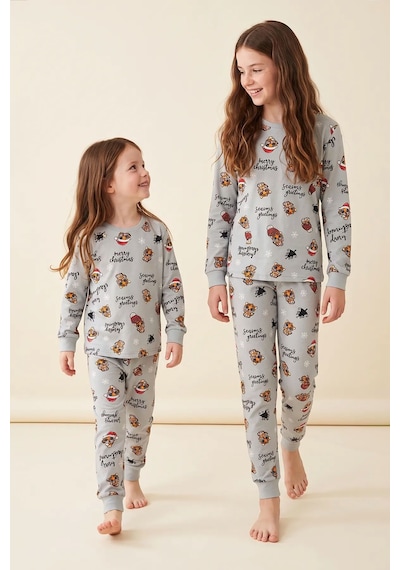 Zuzunga Kız Çocuk Yılbaşı Temalı Tiger Desenli Uzun Kollu Pijama Takımı Gri