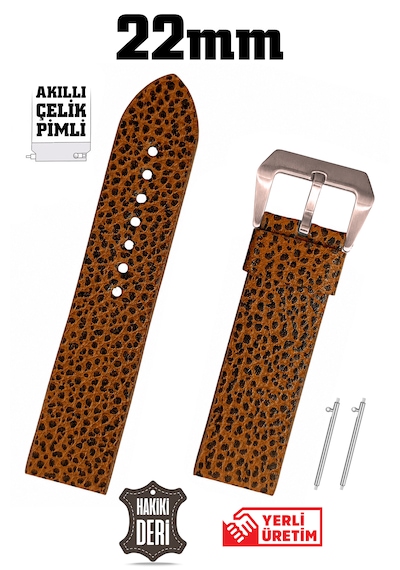 22mm Kahverengi Leopar Desenli Spor Hakiki Deri Saat Kordonu Kayış Akıllı Pimli Gümüş Toka Rose Gold
