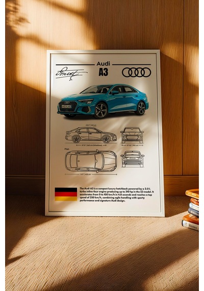 Audi A3 Tablo - Teknik Özellikli Alman Otomobil Poster - Çerçeveli Duvar Dekoru - Araba Blueprint Beyaz Audi A3 Tablo - Teknik Özellikli Alman Otomobil Poster - Çerçeveli Duvar Dekoru - Araba Blueprint Beyaz