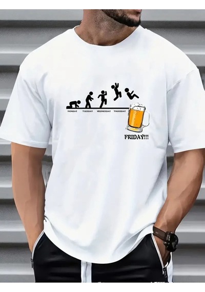 Flood Of Style Erkek Beyaz Friday Beer Baskılı Oversize