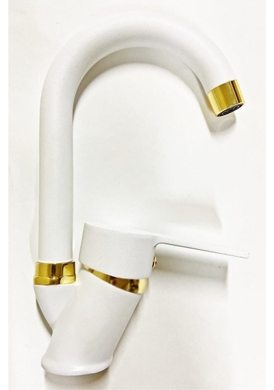 Esora Beyaz Gold Banyo Lavabo Bataryası Musluğu Çeşmesi Beyaz