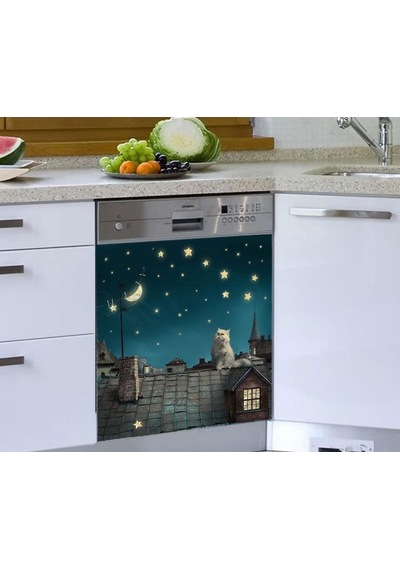 Bulaşık Makinesi Sticker Kaplama Beyaz Eşya Kaplama Gece Kedi
