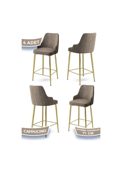 Canisa Enox Serisi 4 Adet Cappucino Mutfak Bar Sandalyesi Babyface Kumaş Gold Kaplama Metal Ayak Sandalyeler Cappucino Ayaklar Gold