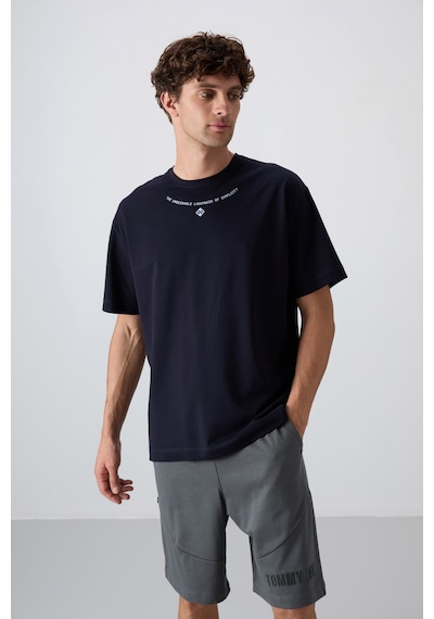 Tommy Life Lacivert Pamuklu Kalın Yumuşak Dokulu Oversize Fit Baskılı Erkek T-shirt - 88343 Lacivert
