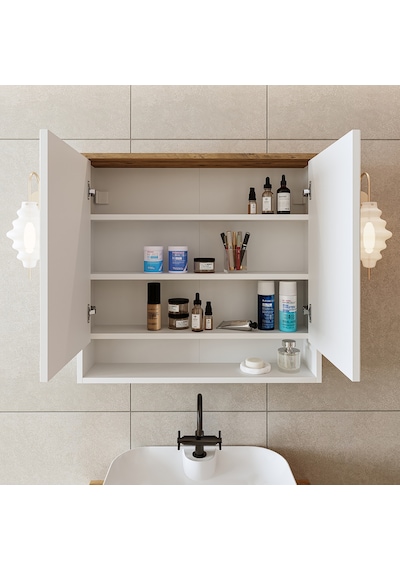 Banos Banyo Kulpsuz 2 Kapaklı Mat Beyaz Mdf 82Cm Aynalı Üst Dlp Atlantik Çam - Beyaz