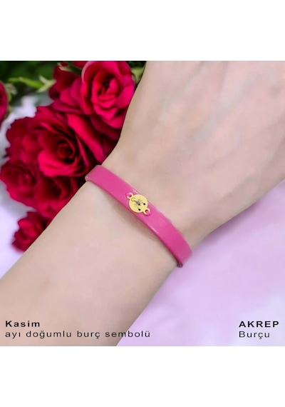 Archin Akrep Burçlarına Yuvarlak Motifli Pembe Derili 14 Ayar Altın Plakalı Hediye Bileklik-394burç Akrep Archin Akrep Burçlarına Yuvarlak Motifli Pembe Derili 14 Ayar Altın Plakalı Hediye Bileklik-394burç Akrep
