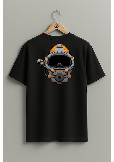 Oversize Dalgıç Başlığı - Diving Helmet Cep Ve Sırt Tasarımlı Unisex T-shirt Siyah