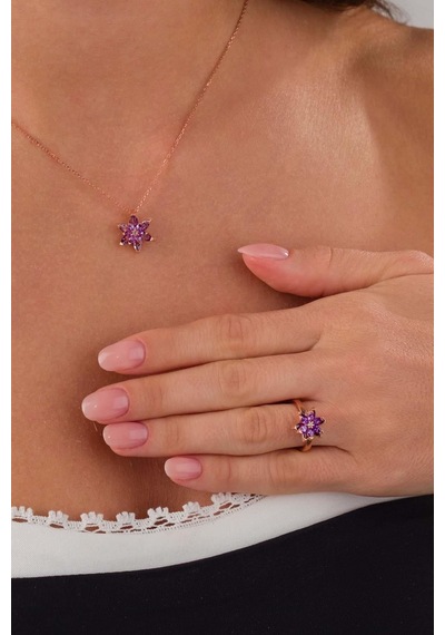 Gümüş Pazarım Ametist Taşlı Lotus Çiçeği Gümüş Kolye Yüzük Set 97381400