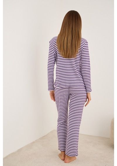 Siyah İnci Fırçalı Soft Fitilli Kaşkorse Hırka Pijama Takım Mor Beyaz