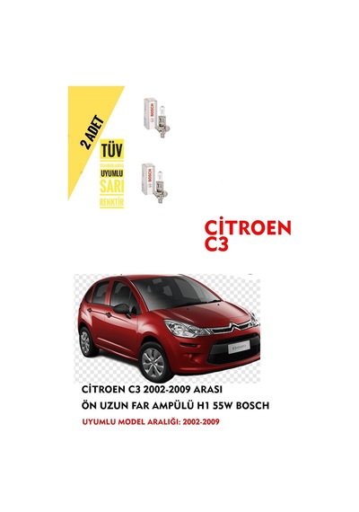 Citroen C3 2002-2009 Arası Ön Uzun Far Ampülü 2 Adet Sarı Renk
