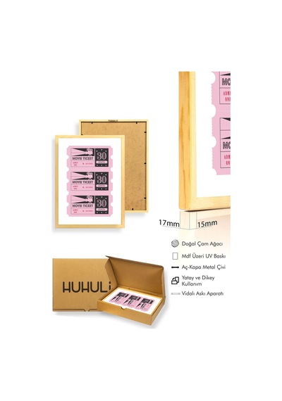 Doğal Ahşap Çerçeveli Retro Sinema Bileti Tablo - Pembe Geçmişten Tasarım Huhu2375