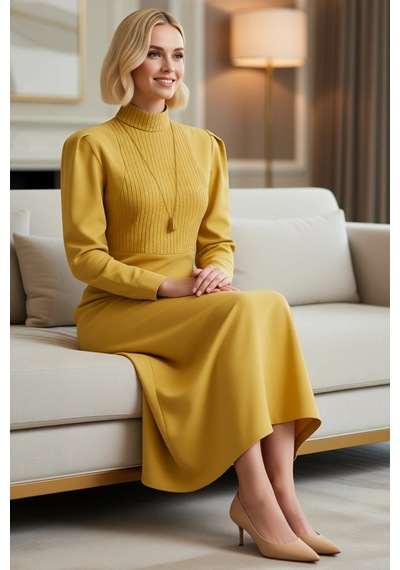Benerly Kadın Maxi Boy Dik Yaka Büzgülü Kol Terrycotton Dokuma Astarsız S Yeşil