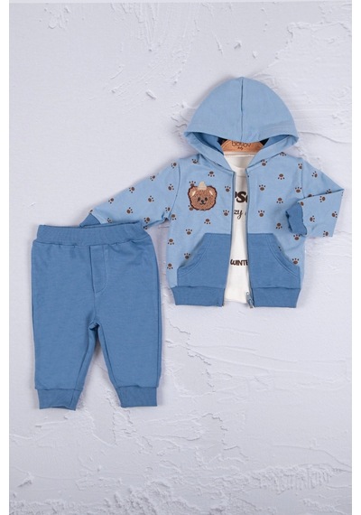 Babydonat Persona Bear Nakışlı Pamuk 3'li Erkek Bebek Takım Mavi