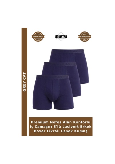 Grey Cat Premium Nefes Alan Konforlu İç Çamaşırı 3'lü Lacivert Erkek Boxer Likralı Esnek Kumaş
