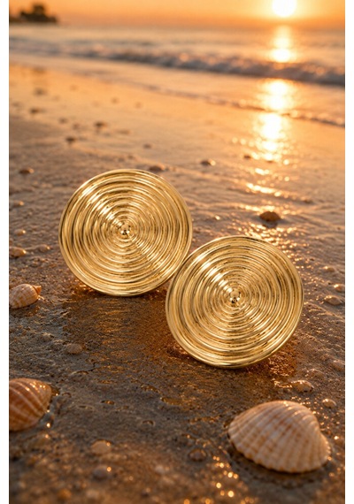 Kadın Gold Spiral Desenli Büyük Küpe Parlak Gold Yuvarlak Stateme Altın