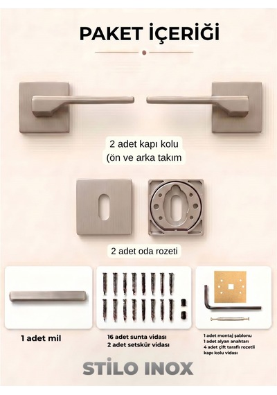 Stilo Inox Kare Rozetli Kapı Kolu Lüks Oda Kapı Kolu