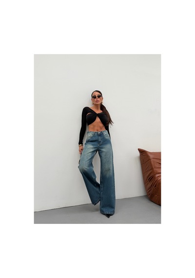 Kene Jeans Kadın Wide Leg Yüksek Bel Bol Paça Kot/denim Palazzo Pantolon Yeşil Tintli