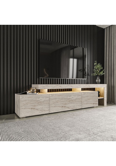 Beliz Modern LED Işıklı 3 Kapaklı, Raflı TV Sehpası – 192 cm, Traverten Beliz Modern LED Işıklı 3 Kapaklı, Raflı TV Sehpası – 192 cm, Traverten