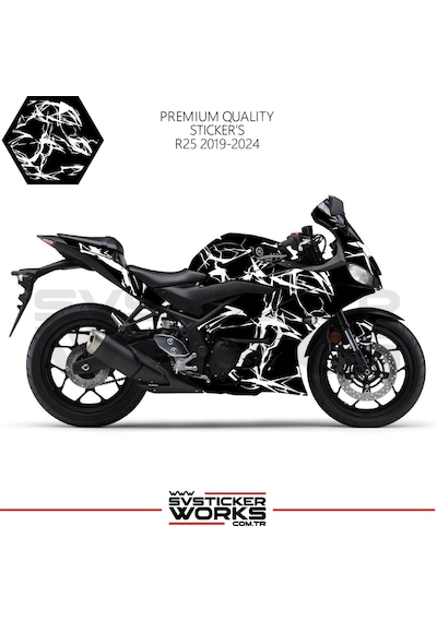 Yamaha R25 2019-2024 Kaplama Sticker Şimşek Yıldırım Motor Kaplama Modeli Hazır Kit 2019 / 2023 Uyumlu Beyaz