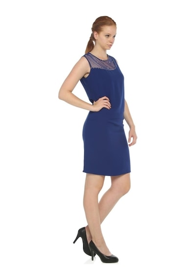 4011Asx-Nidya Moda Büyük Beden Elbise Krep Saks Mavi