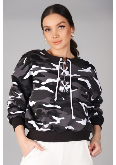 Sweetness Kadın Kamuflaj Desenli Önü Bağcıklı Oversize Sweatshirt SIYAH