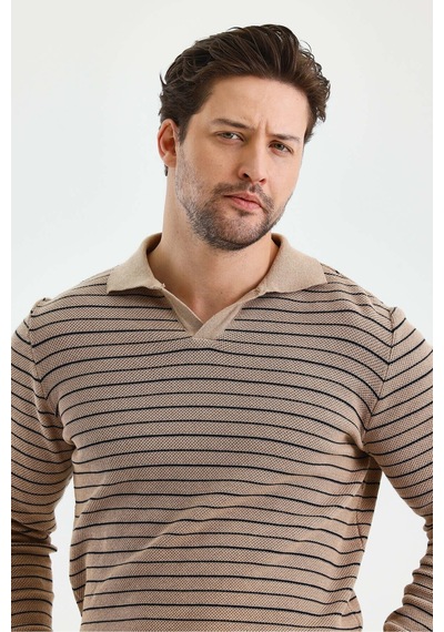 Cool Tarz Erkek Patlı Slim Fit Çizgi Detaylı Uzun Kollu Polo Yaka Triko Kazak Taş Taş