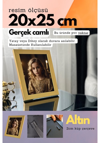 Fırçalı Altın-20mm Çerçeve Camlı 20x25 Cm Fotoğraf Resim Çerçevesi Ayaklı Veya Duvara Asma Yatay-dikey 50248138