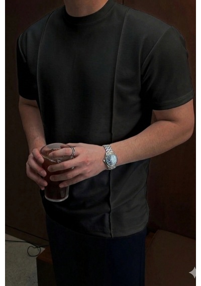 Cool Tarz Erkek Çizgi Detaylı Slim Fit Tişört Bisiklet Yaka Casual Pamuklu T-shirt Siyah Siyah