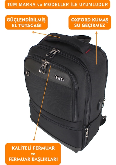 14"-15,6" İnç Körüklü Siyah Laptop Sırt Çantası Unisex Su Geçirmez Kumaş Siyah