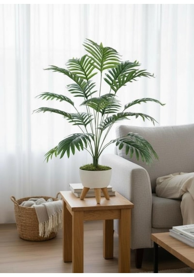 Yapay Çiçek Salon Bitkisi Areka 80cm 18 Yaprak Beyaz Zigon Saksıda Yeşil
