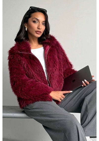 Verymoda Yapay Kürk Kadın Ceket Fermuarlı, Yumuşak Dokulu Modern Kışlık Mont F2037 Bordo